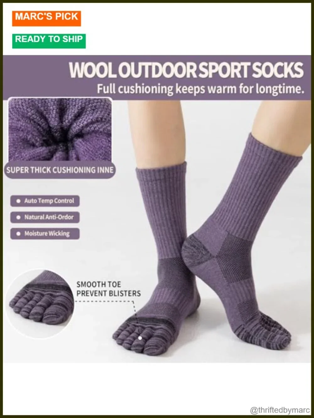 Merino Wool Toe Socks for Hiking Men Women Thermal Winter Boot Cushion 3 Pairs